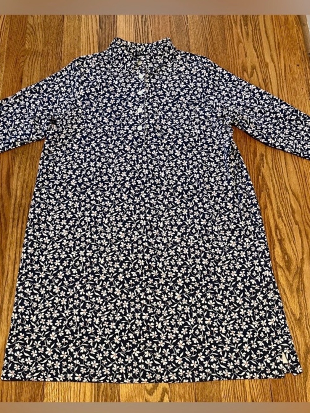Lands' End Navy Floral Button-Up Top with Orange Accents
